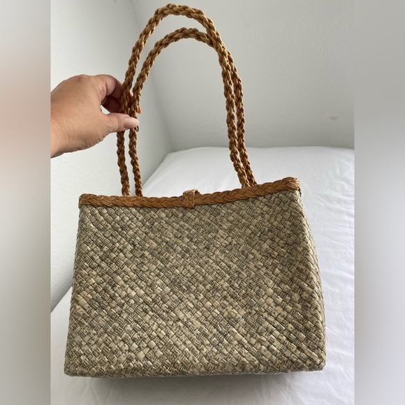 FUJI Eco-Friendly Recycled Material w Straw Shoulder Handbag Zipper Closure Top - Picture 2 of 11